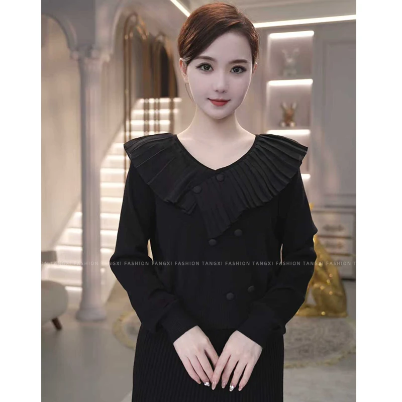 2025秋冬新款【8287】含绵羊毛百搭洋气可外穿黑色拼接针织衫毛衣女