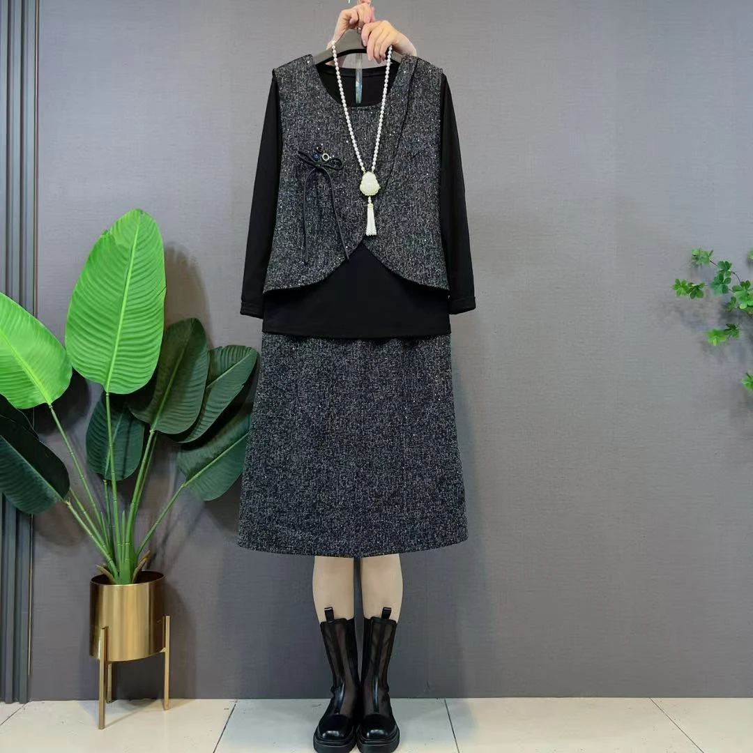 欧货大码女装新款套装女韩版钉珠蝴蝶结马甲打底衫半身裙三件套