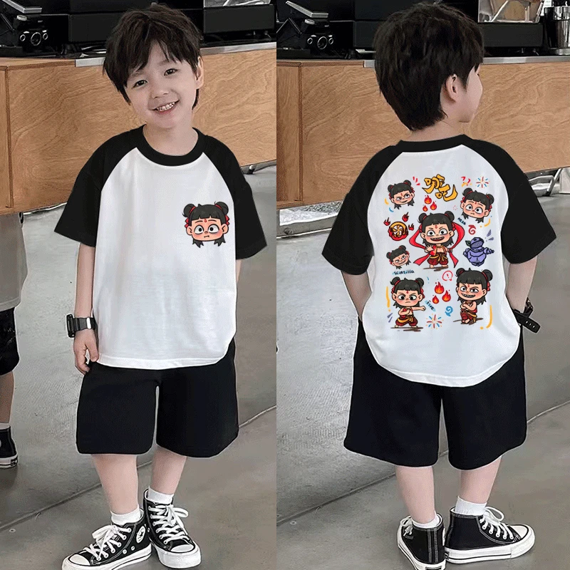 新款哪吒儿童纯棉拼色短袖t恤新款男女中小宝宝圆领百搭上衣外穿T
