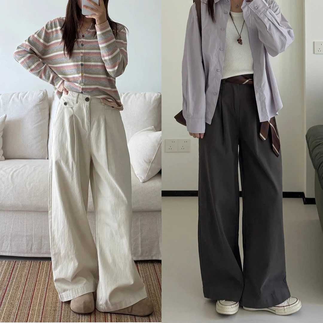 日系窄版杏色水洗棉直筒工装裤女秋季新款大码胖mm宽松阔腿休闲裤