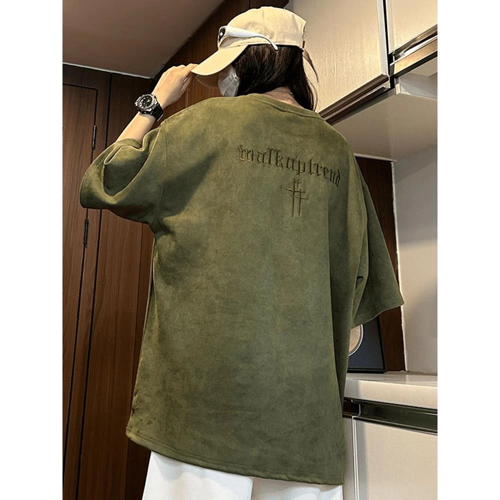 美式复古刺绣麂皮绒短袖男女夏季薄款凉感垂感重磅情侣七分袖t恤