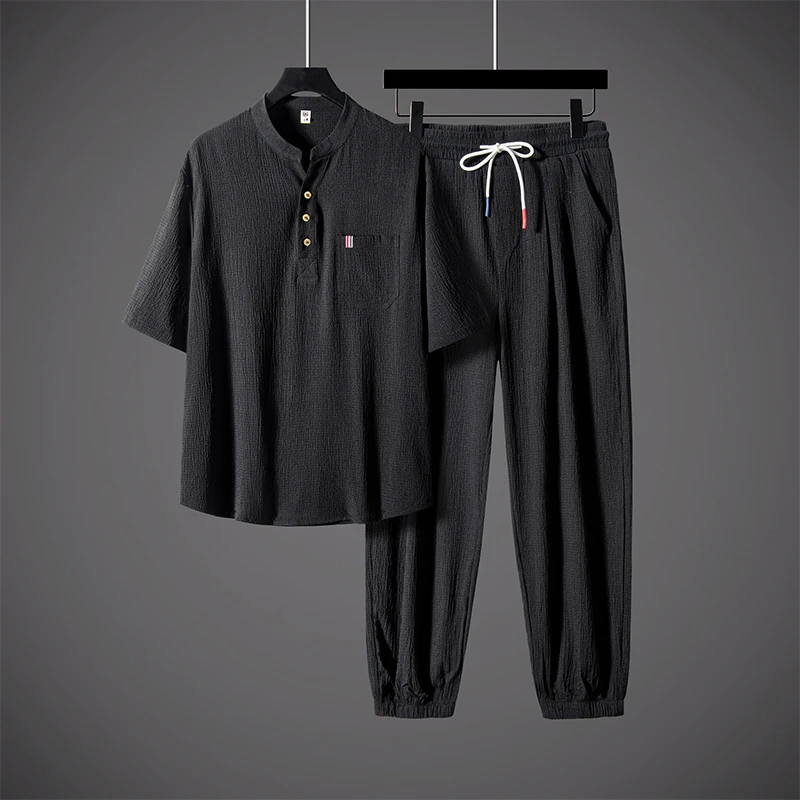 新中式夏季男士衬衫薄款中国风休闲男装汉服唐装茶服短袖冰丝套装