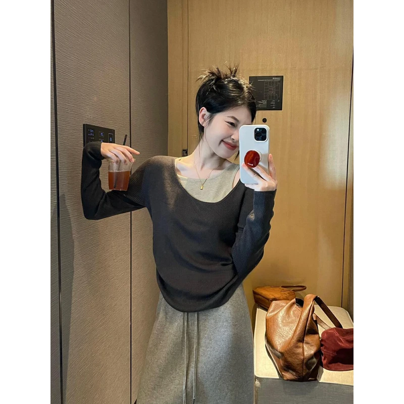 大码女装胖mm穿搭慵懒风显瘦假两件拼接撞色小众设计感针织上衣女