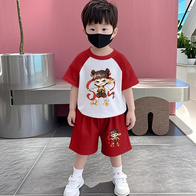 哪吒服装儿童套装2025新款男童纯棉短袖五分裤两件套女童薄款夏装