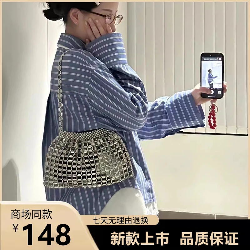 时尚少女复古闪亮金属色亮片包手工编织单肩包旅游度假腋下包