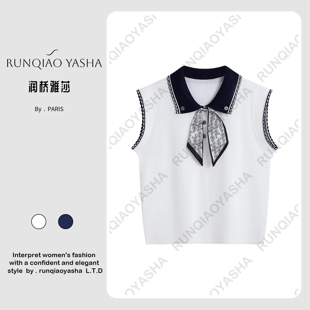 【润桥雅莎】夏季莱赛尔天丝翻领丝巾小香风短袖针织衫女夏季J1171