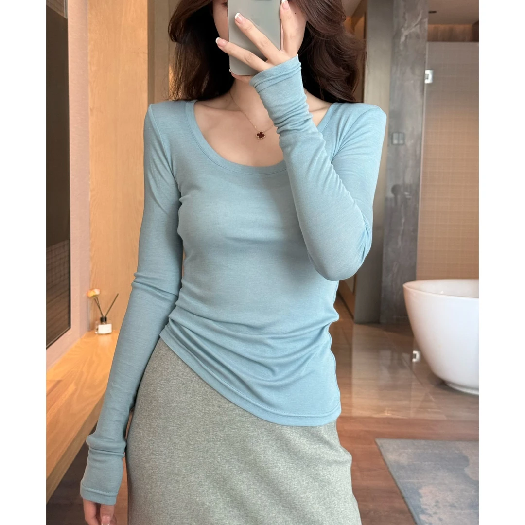 2025年秋季新款蓝色莱赛尔天丝修身显瘦百搭简约长袖面膜T恤女