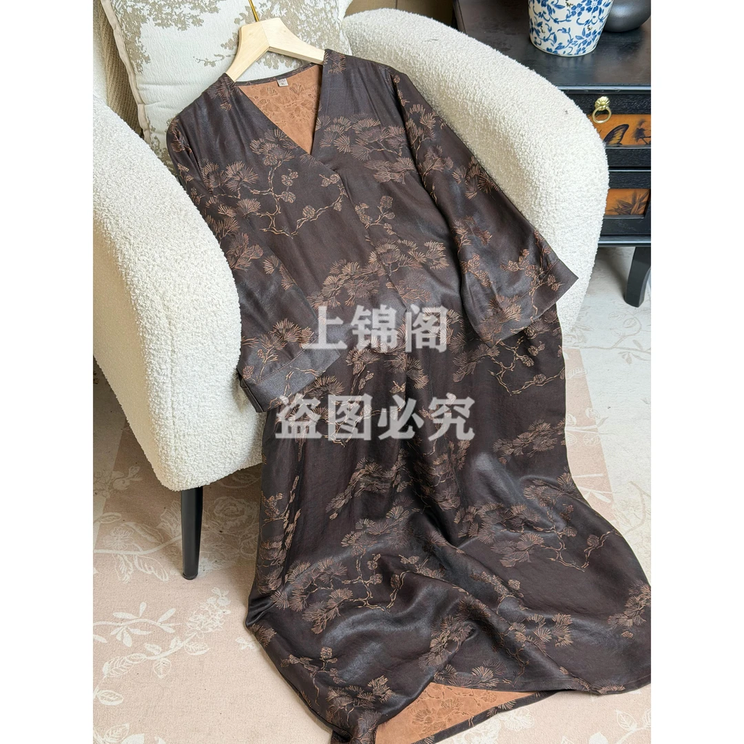 279新中式重磅油皮老料香云纱V领提花口袋连衣裙复古中国风女裙