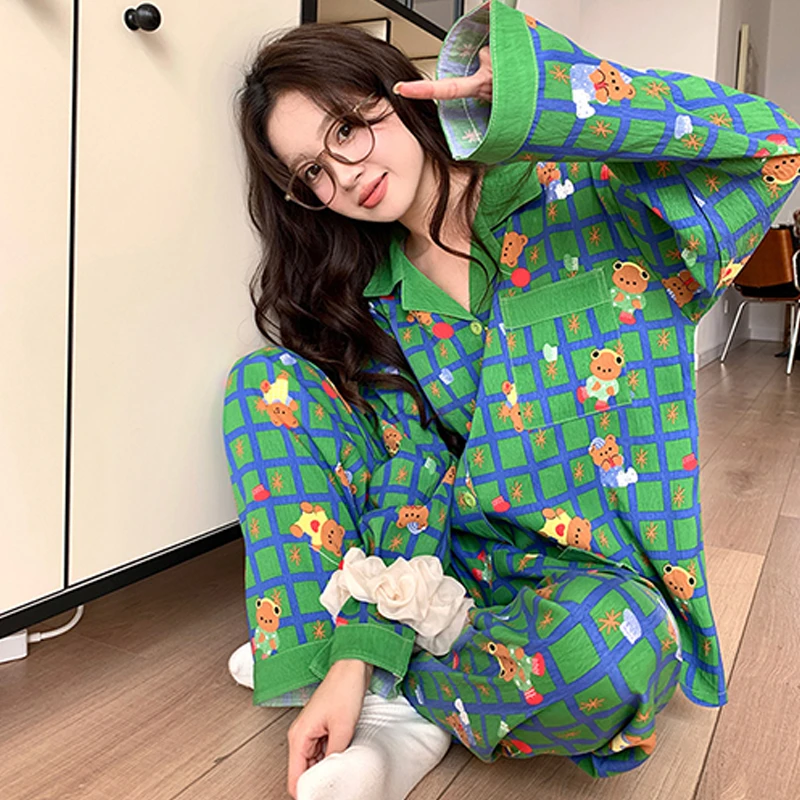 【绿格子圣诞熊】长袖睡衣女春秋网红少女秋冬两件套家居服可外穿