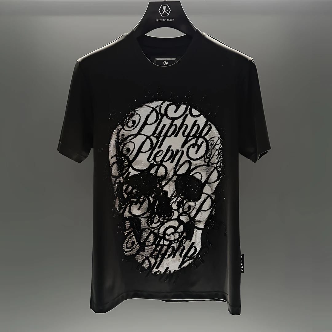 PLIPHPP PLEPN施华洛黑钻5D视觉骷髅头修身休闲百搭弹力时尚T恤