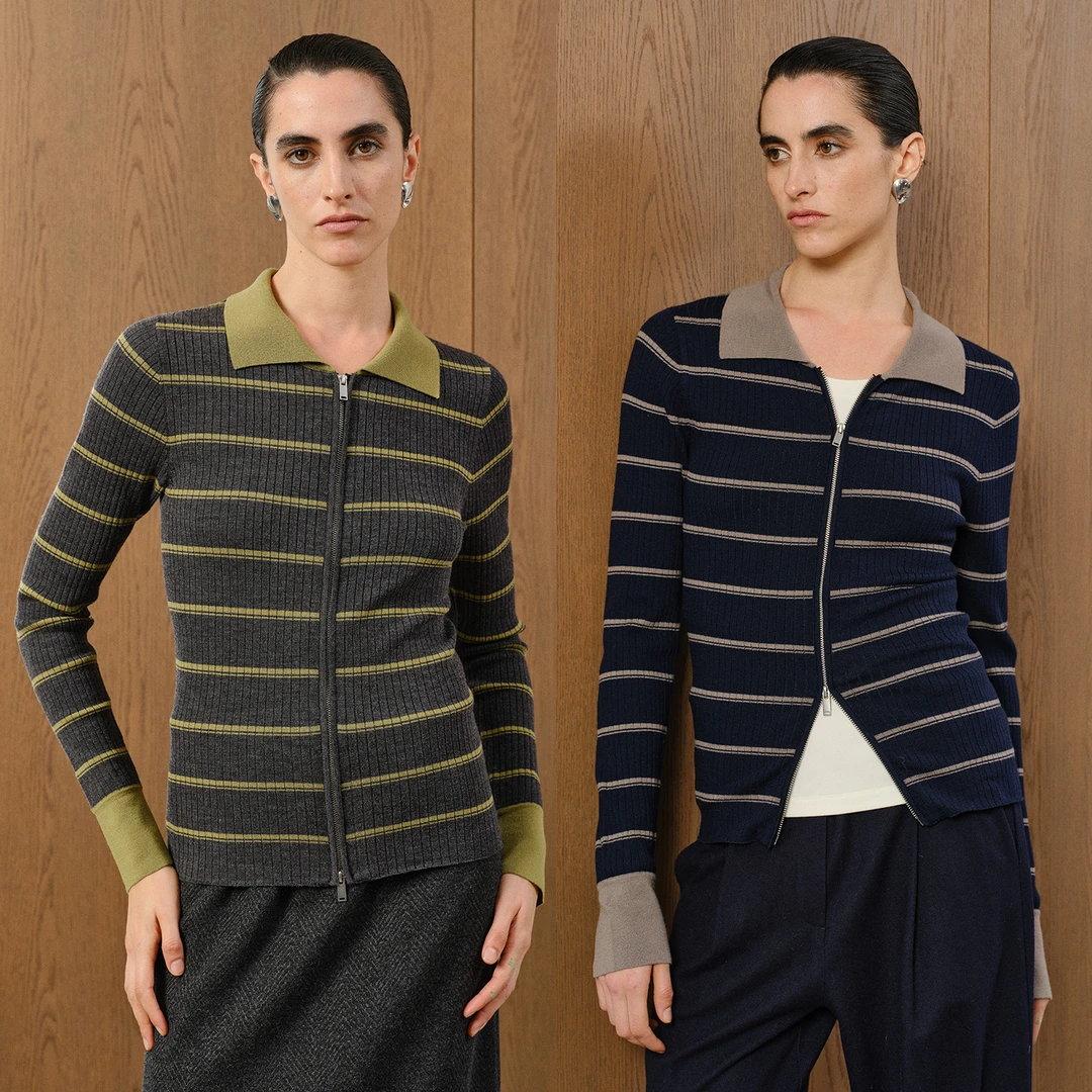 MARIUS翻领条纹修身柔软舒适百搭拉链羊毛针织衫