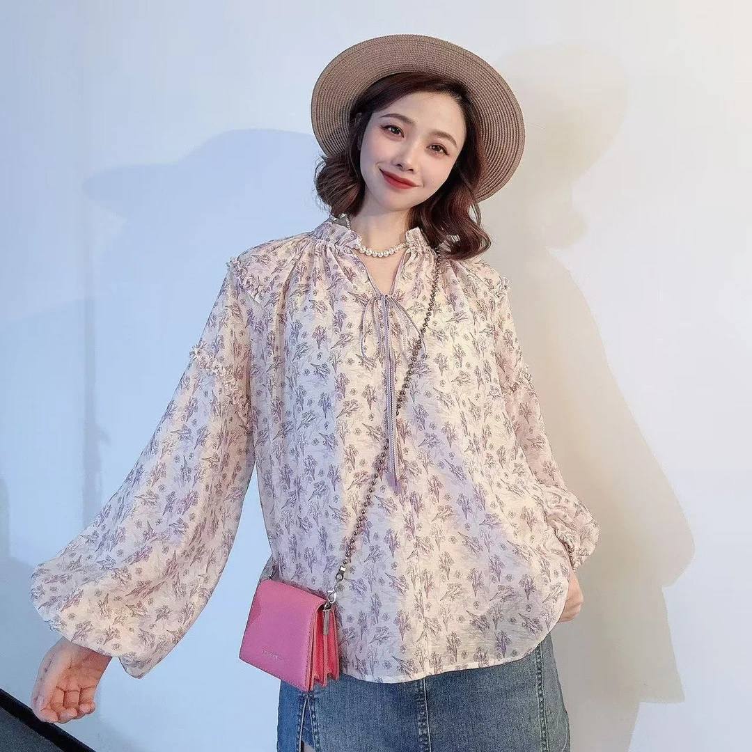 GIRDEAR/哥弟新款宽松木耳边印花俩件套长袖衬衫1300940