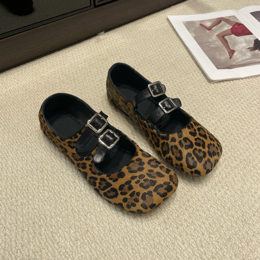 39-79868方头豹纹打蜡皮cm浅口单鞋鞋子女鞋乐福鞋软底