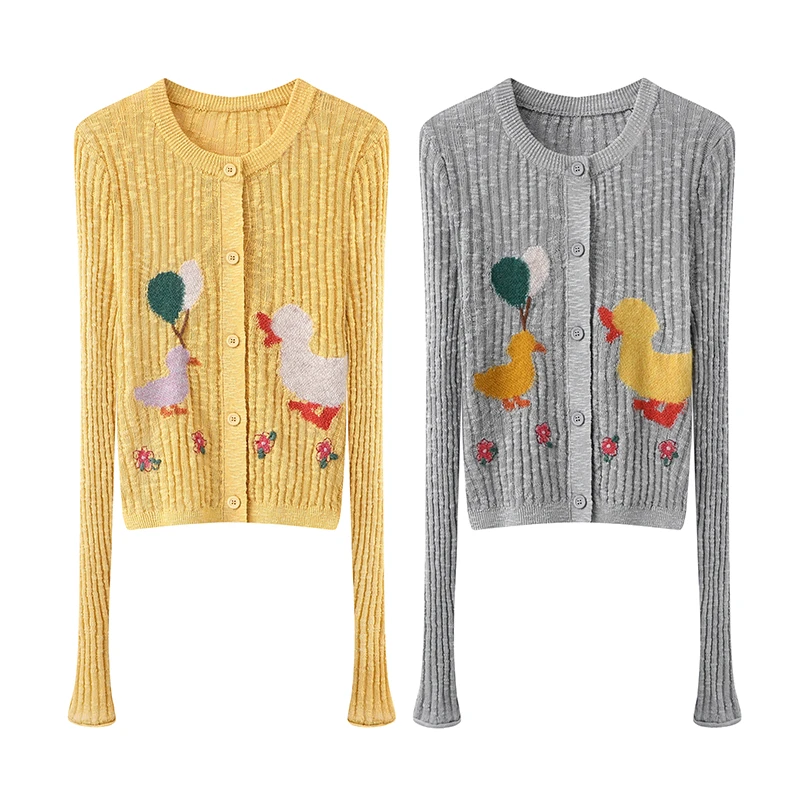 【气球鸭】新品修身显瘦卡通提花长袖针织衫开衫内搭上衣女.Y8347