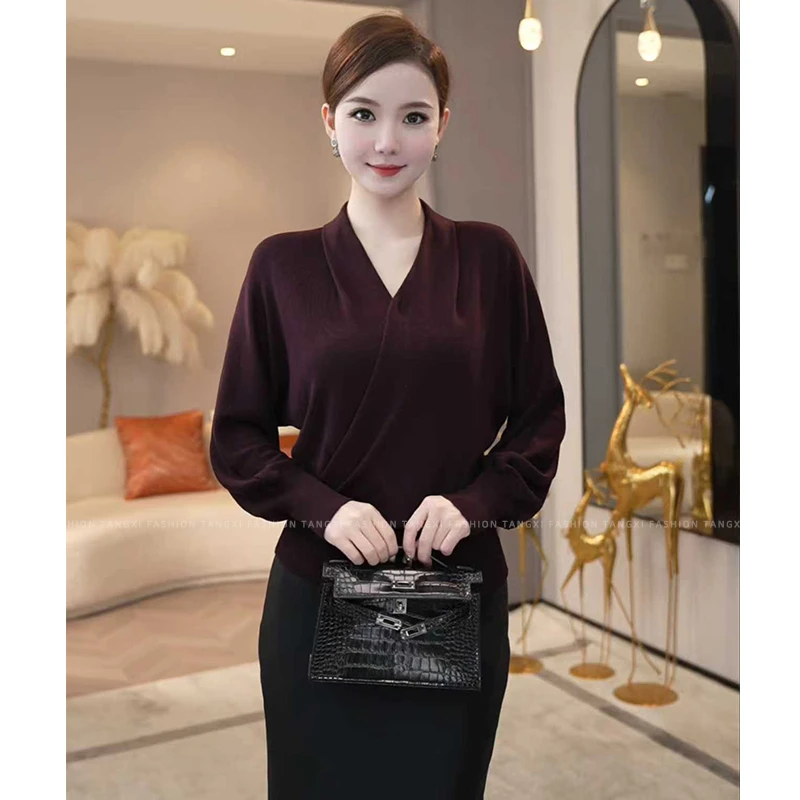 2026秋冬季新款【7876】莱赛尔天丝长袖设计女装紫色v领针织衫毛