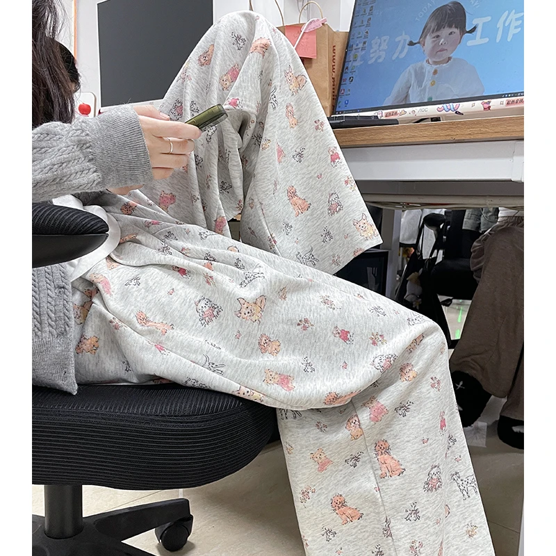 【婷婷】孕妇裤印花灰色阔腿裤秋冬2024新款高腰垂感直筒小个托腹裤