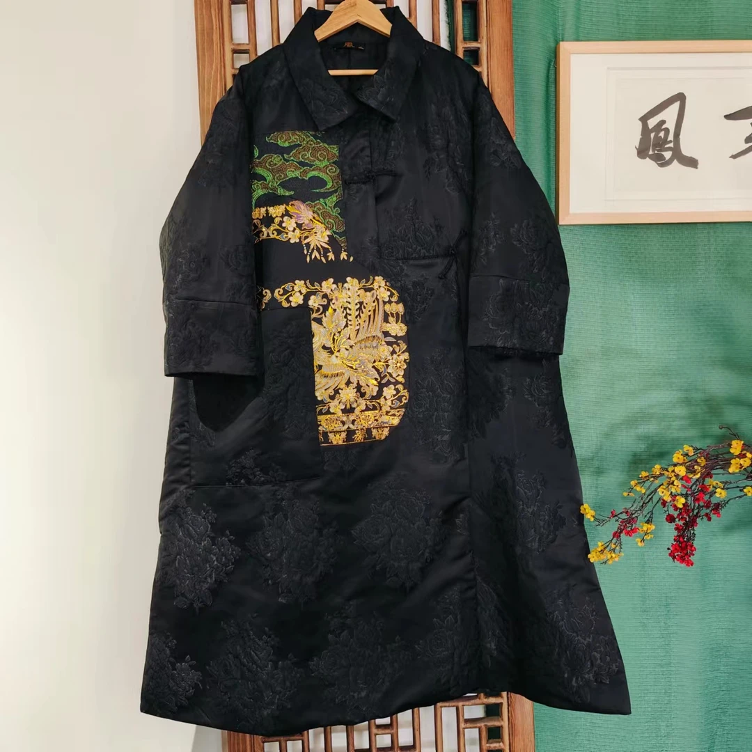 （LS423）凤徕兮私人定制黑底金绿色拼色翻领不规则盘扣棉服  棉