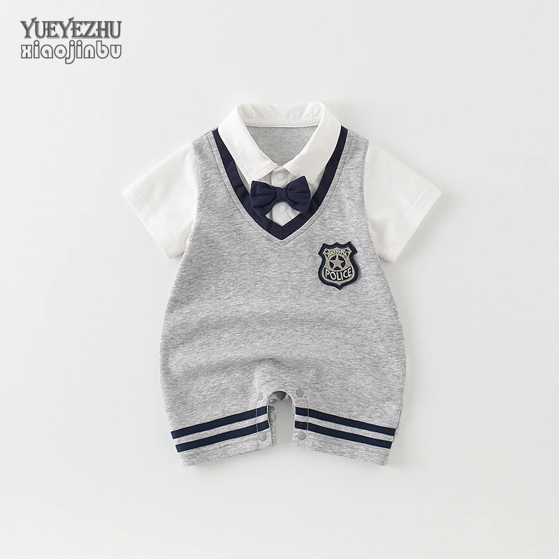 英伦风婴儿衣服夏季外出百天周岁哈衣男宝宝夏装半袖帅气领结爬服