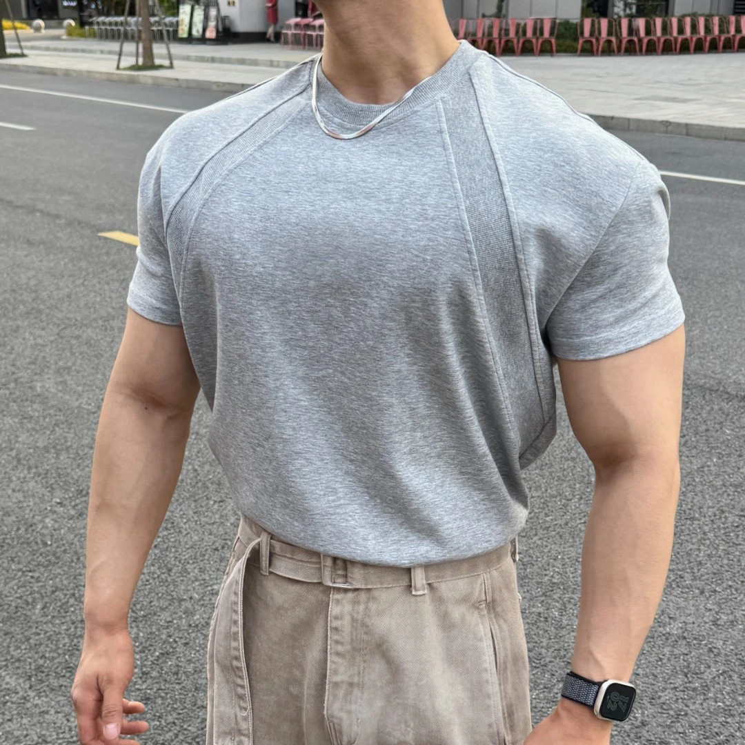 夏季美式液氨太空棉短袖重磅拼接抗皱高弹硬挺运动凉感T恤男生