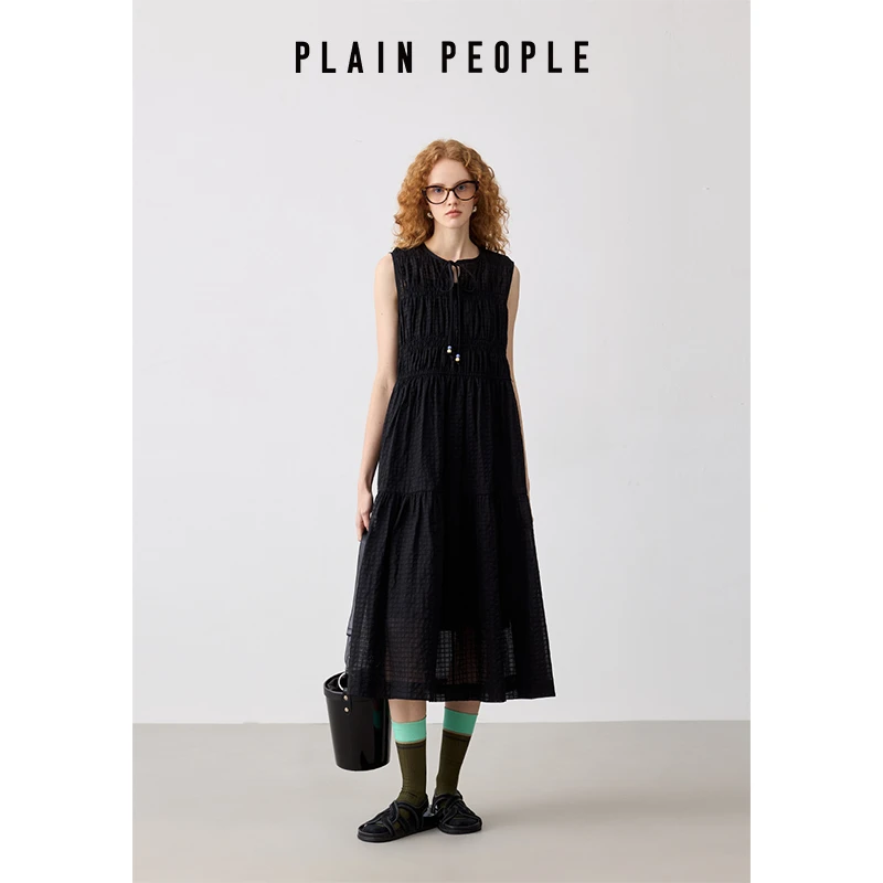 PLAIN PEOPLE法式度假盐缩格子肌理感背心连衣裙女2025夏新款
