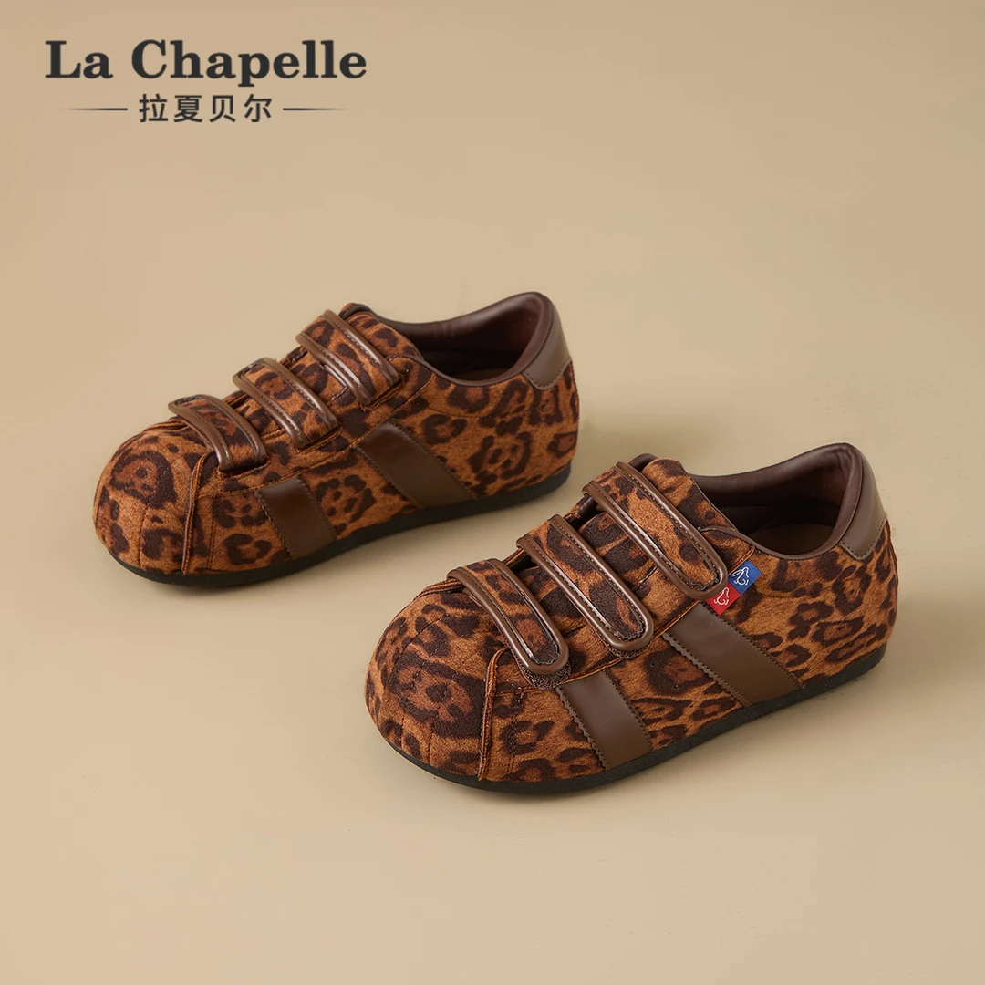 拉夏贝尔复古德训鞋女2025新款秋季豹纹休闲板鞋女款厚底阿甘鞋子