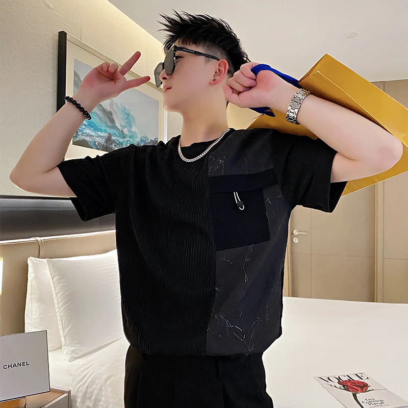 设计感拼接短袖T恤男款夏季轻薄圆领上衣t2025新款爆款半袖体恤衫