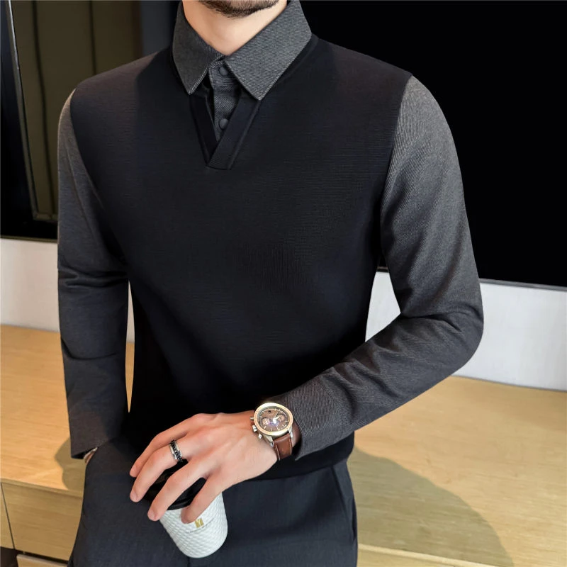 毛呢衬衫领拼接个性V领毛衣男士秋冬款加厚假两件针织衫长袖上衣