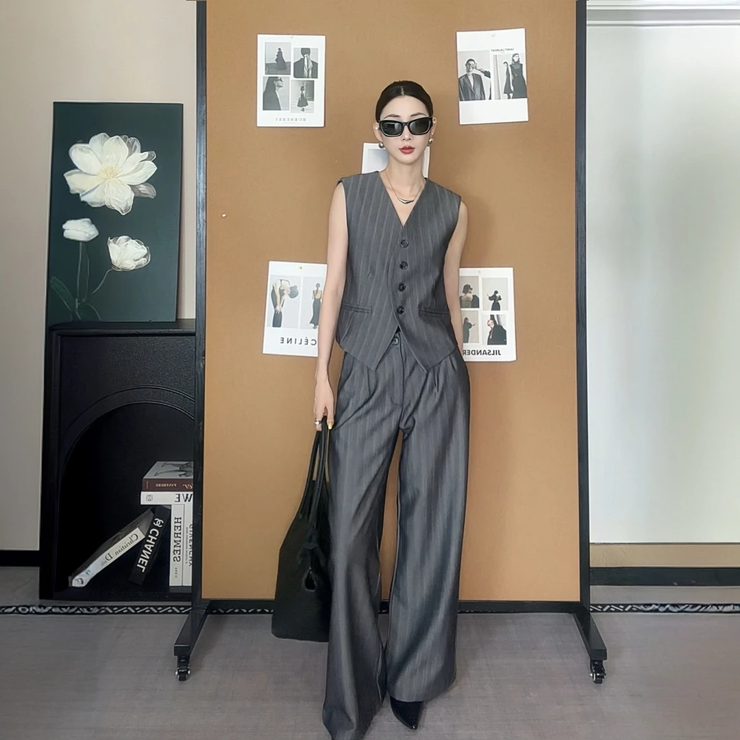 老钱风时尚条纹西装套装女夏通勤显瘦高级感马甲背心阔腿裤两件套