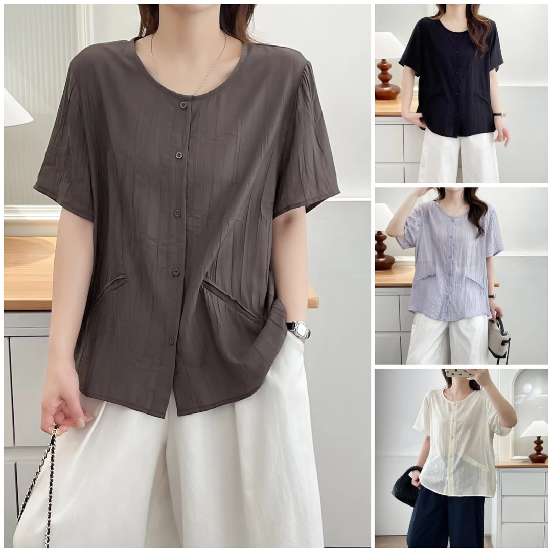 YANUJIAO/雅奴嬌大码胖mm衬衣夏季宽松圆领衬衫气质百搭短袖显瘦