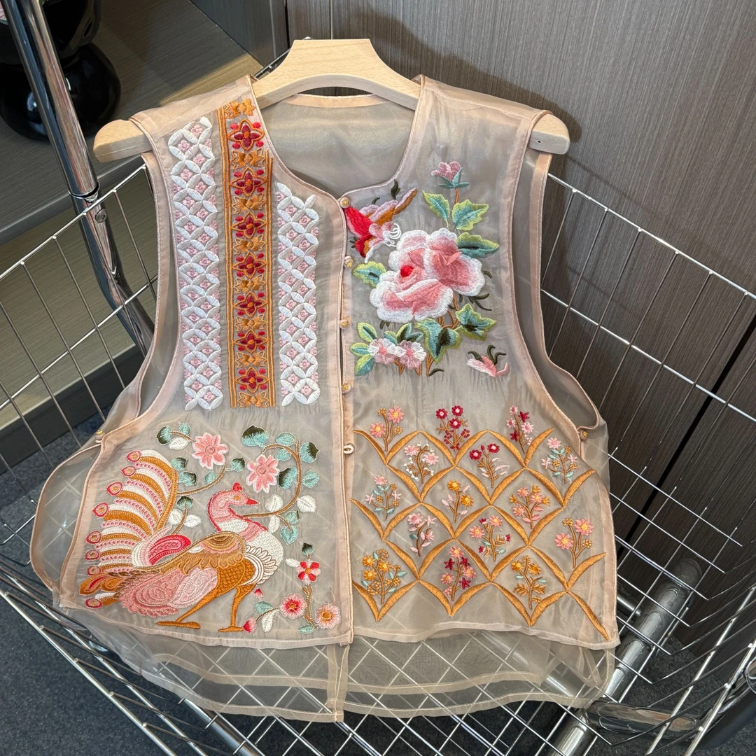 【孔雀开屏】2025新款夏季马甲新中式女装圆领绣花气质薄款上衣马夹