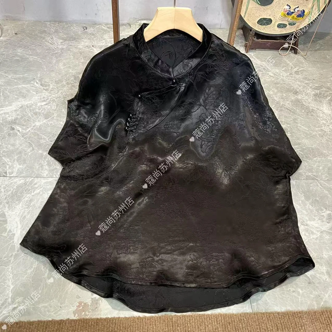 春季新款牡丹刻花花萝短袖衬衫上衣新中式夏季复古国风提花衬衣