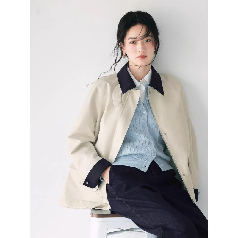 商场同款伊家简约撞色日系卡其小个子短款拉链风衣1G2960261