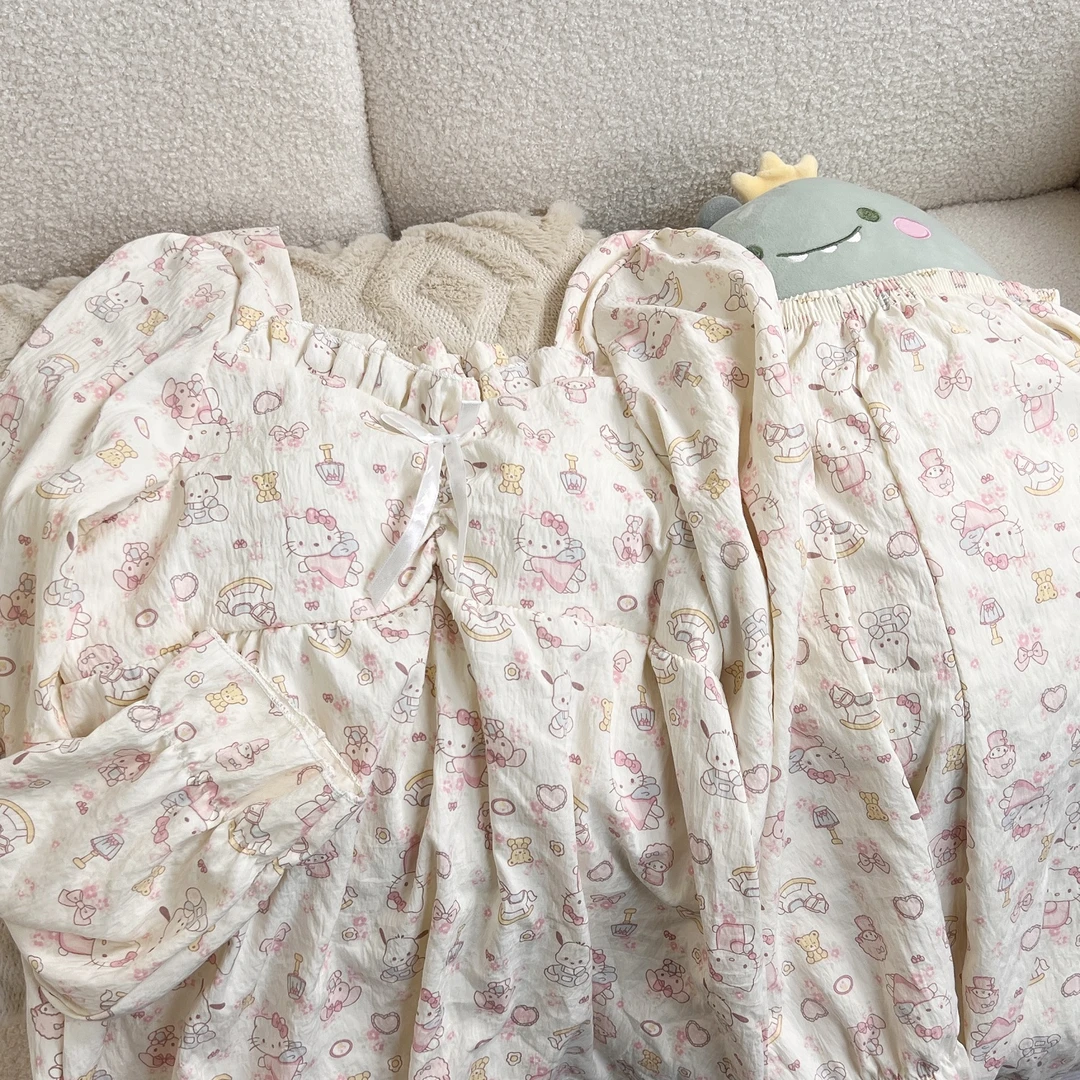 可爱樱花KT猫云朵棉新款带胸垫长袖长裤两件套高颜值睡衣女家居服