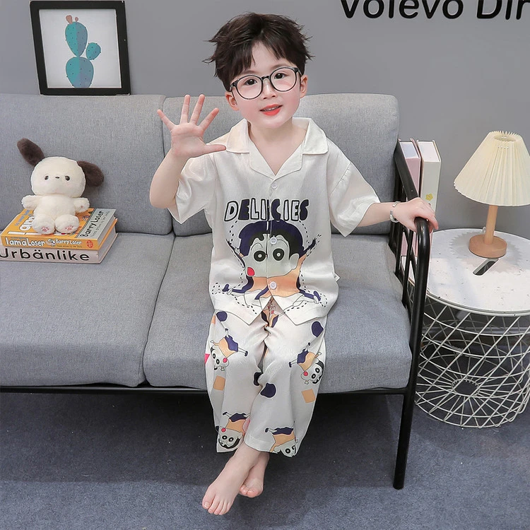 洋气儿童睡衣男童夏季薄款小男孩短袖冰丝宝宝夏款家居服套装分体