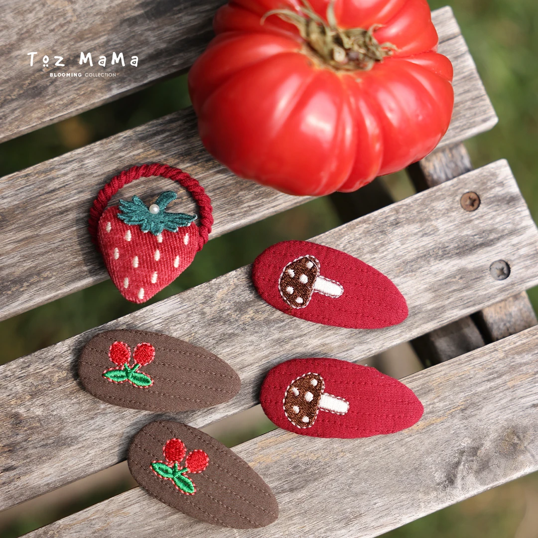 Toz Girls豆几妈6/10女童立体刺绣草莓发圈儿童樱桃蘑菇发饰对夹