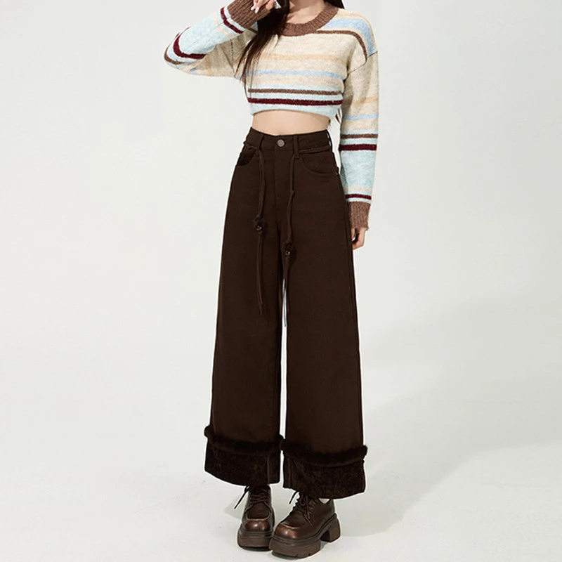 美拉德棕直筒九分牛仔裤女2025秋冬新款小个子百搭显瘦高腰阔腿裤