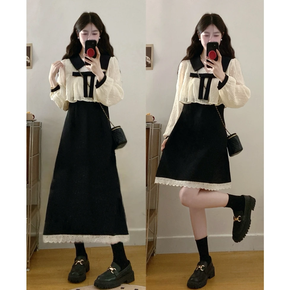 大码女装春装法式衬衫娃娃领蝴蝶结设计显瘦假两件连衣裙