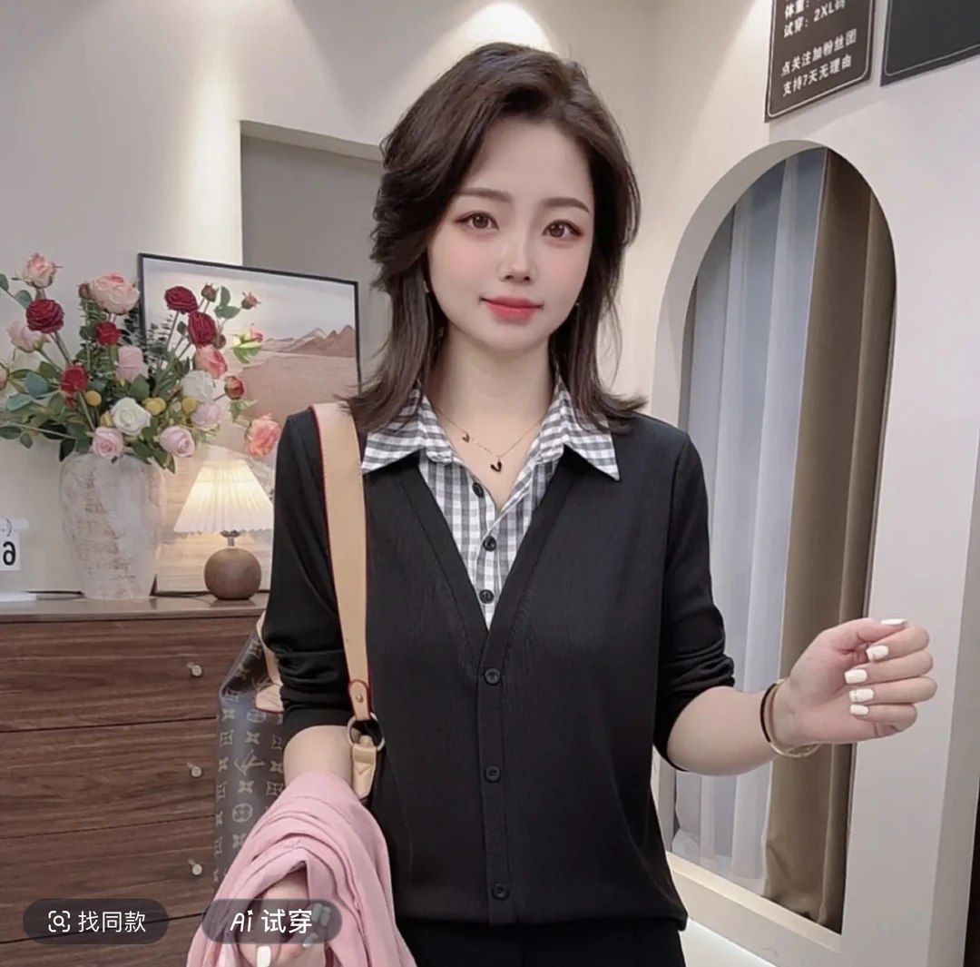 翻领减龄百搭衬衫春夏新款显瘦拼接格子领简约假两件长袖上衣