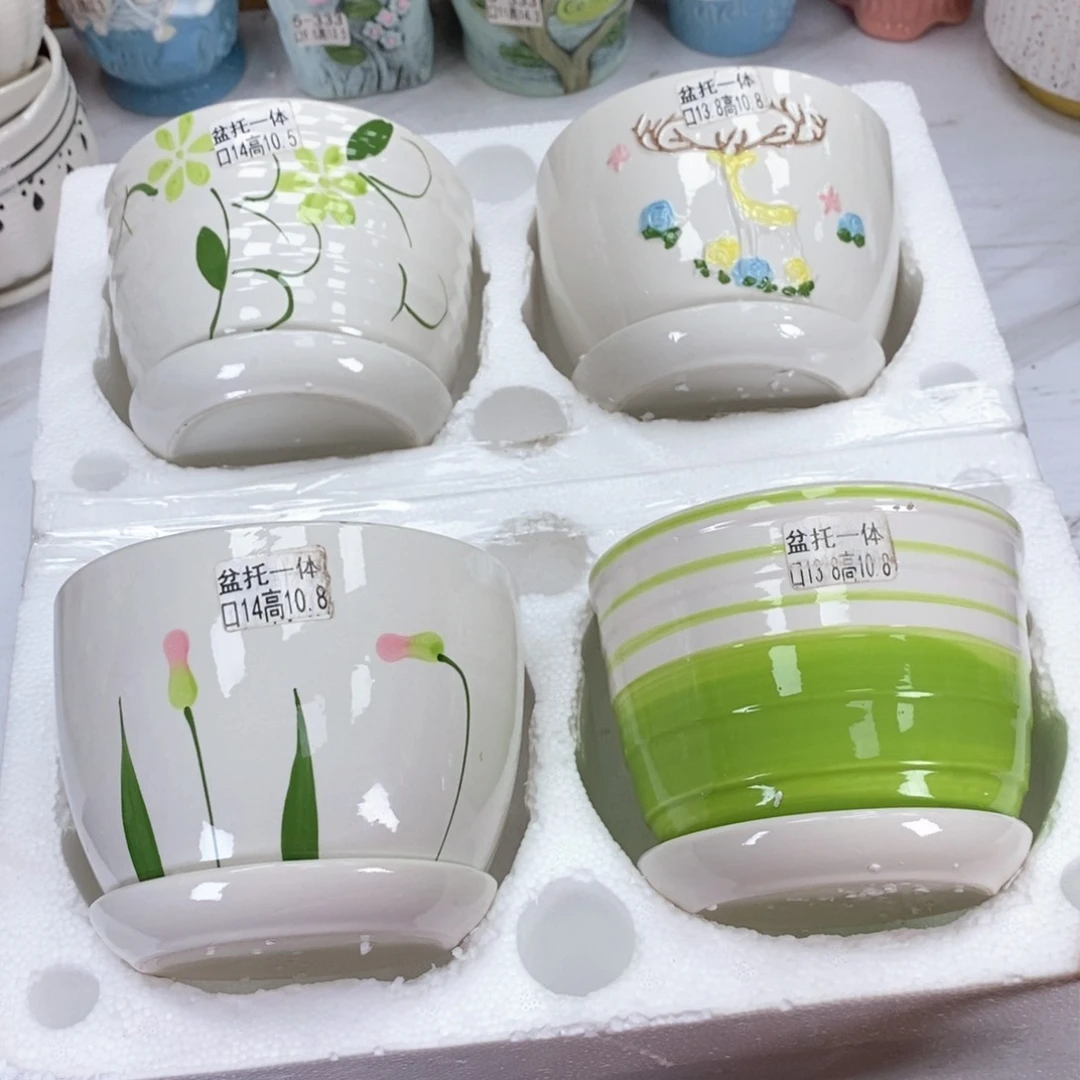 陶瓷@陶瓷花盆@@四个手绘