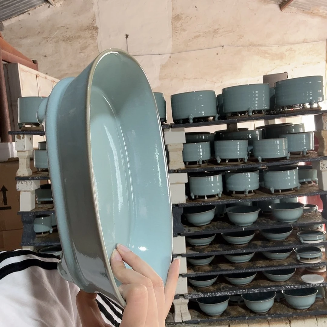 摆件天青釉水仙盆微微瑕