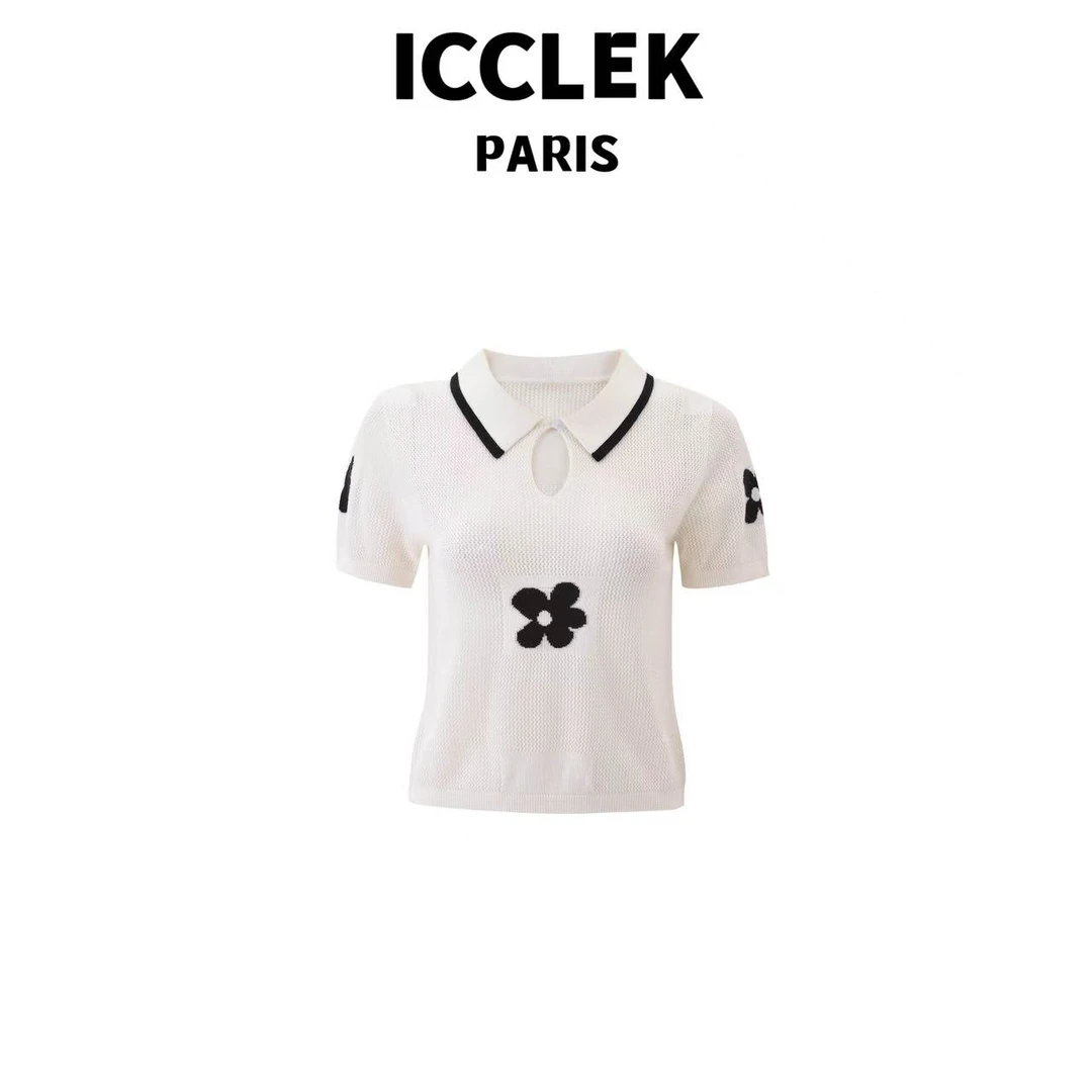 ICCLEK 夏季白色翻领镂空短袖针织衫百搭时尚学院减龄通 勤-5364