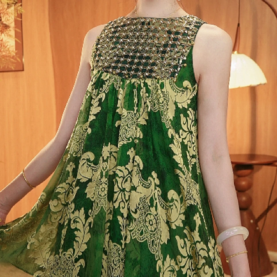 【梵宫】夏款重工天花板立体珠片烧花绣花国风连衣裙2025b5811小鹿