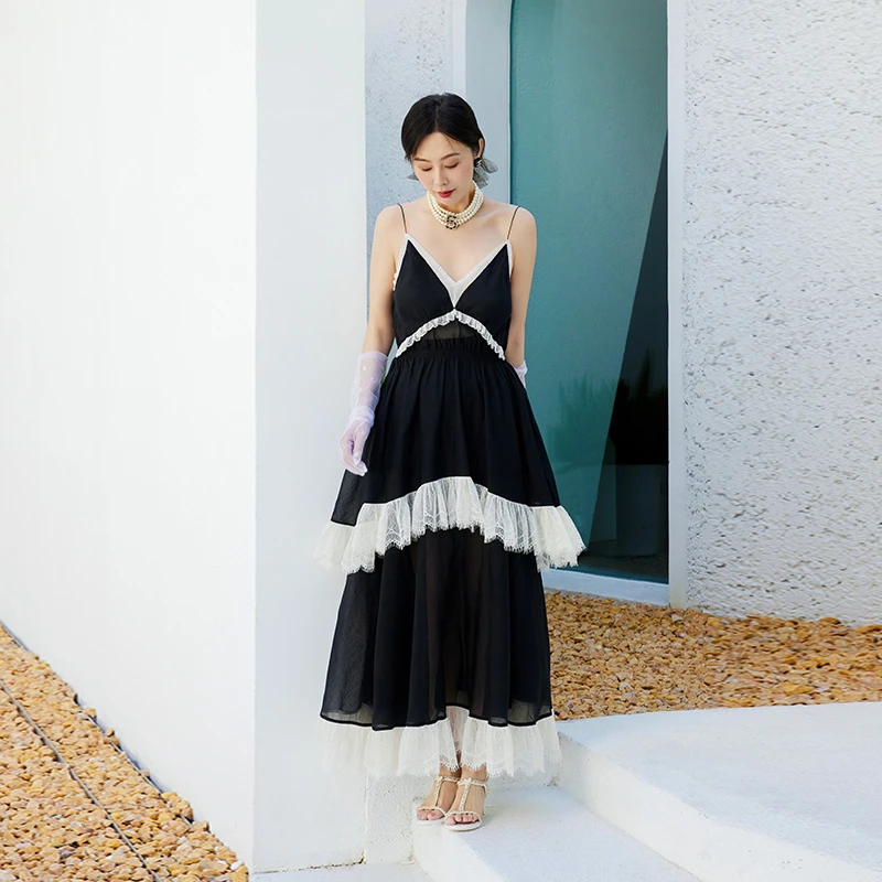 TRACYCHU日本千年瑰宝小千谷缩黑色浪漫入骨拼蕾丝半裙气质款穿搭