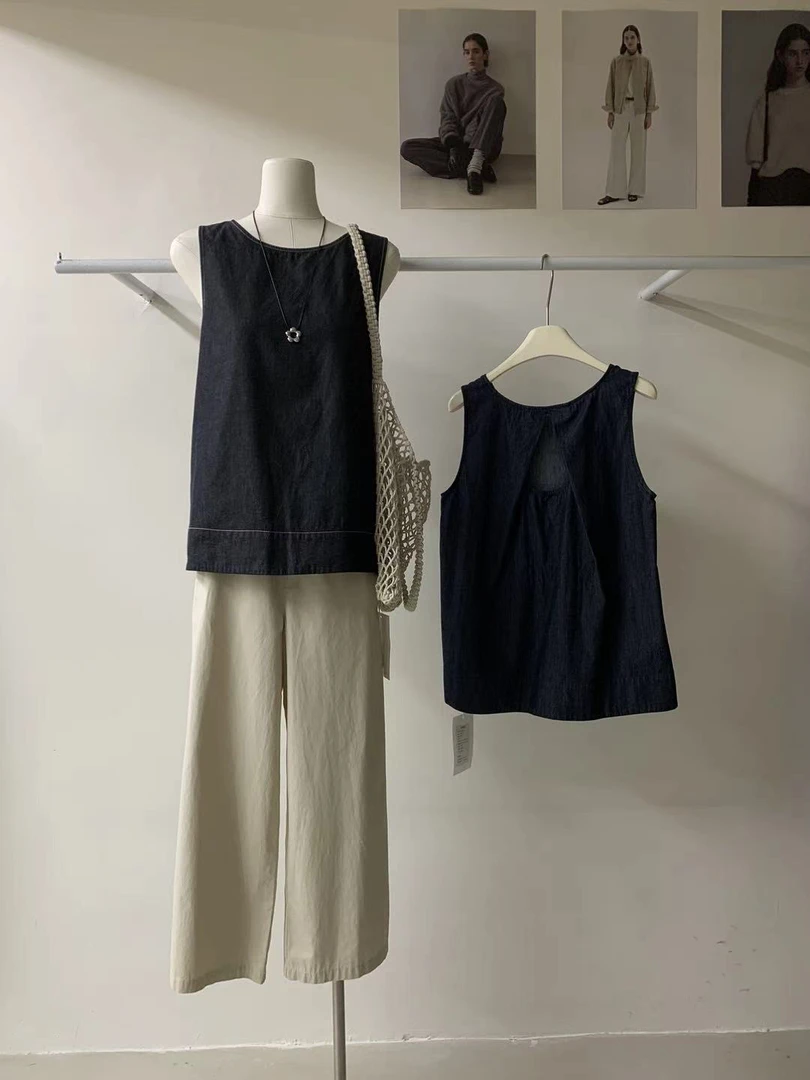 abow@2921 韩系极简设计感后背镂空牛仔背心 6-28