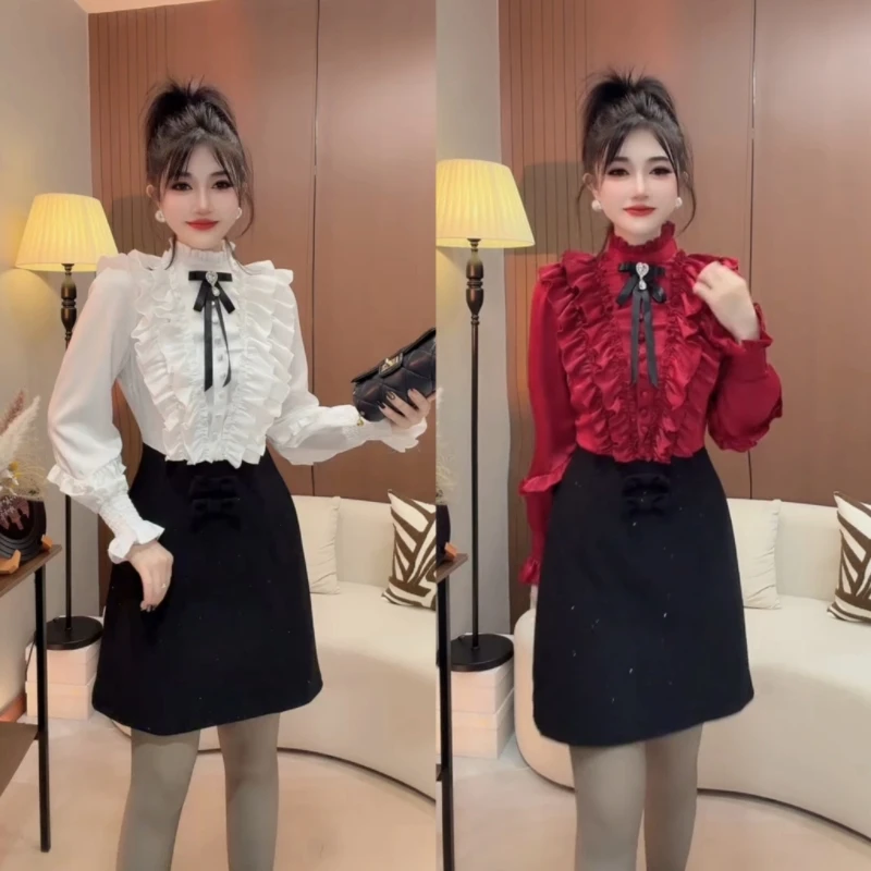 法式复古名媛气质高级感领衬衫千金风新款时尚气质假两件连衣裙女