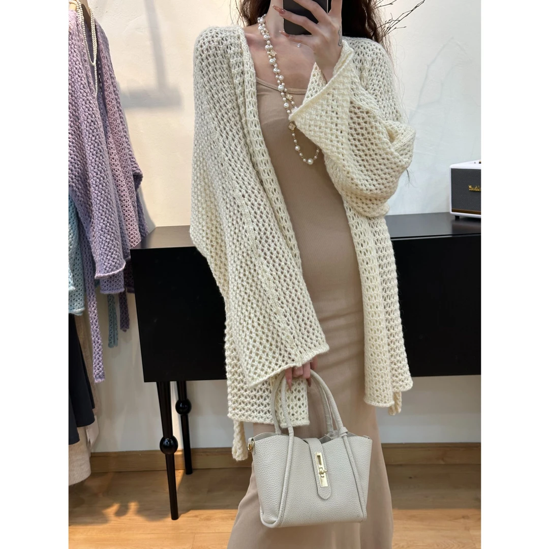 慵懒风镂空轻薄长袖针织开衫外套女春夏奶系穿搭宽松外搭毛衣上衣