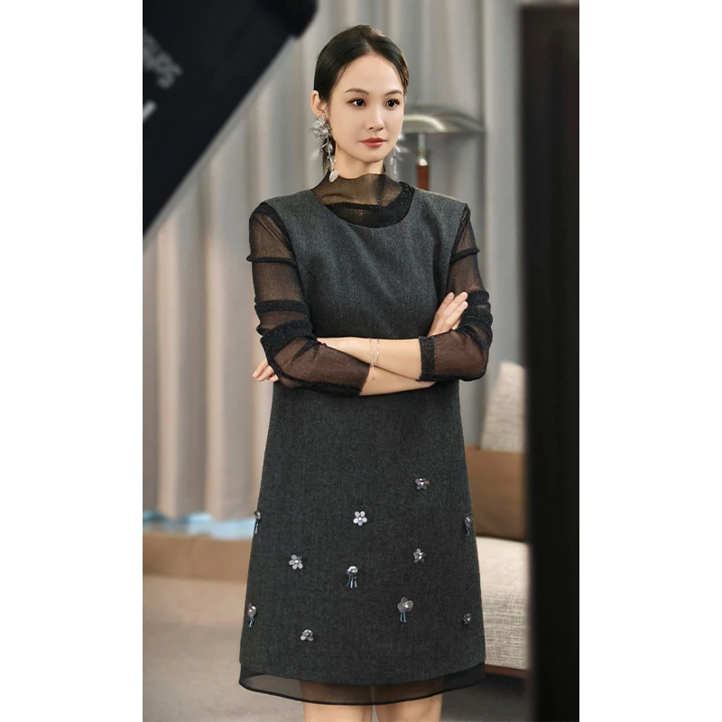 美洋MEIYANG 花花连衣裙 绵羊毛混纺|珠花网纱宽松圆领背心中长裙