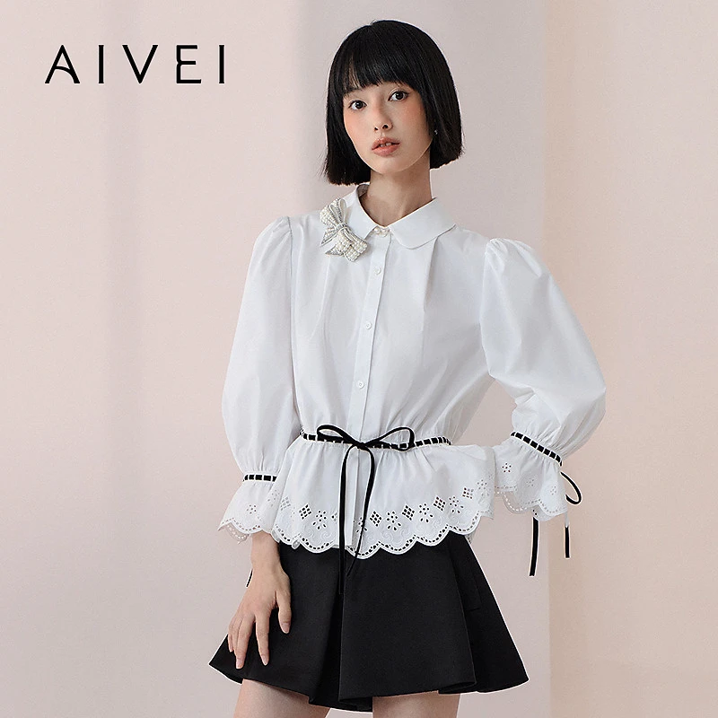 AIVEI欣贺艾薇2026春季法式浪漫撞色收腰荷叶袖白衬衫XSV1C07B