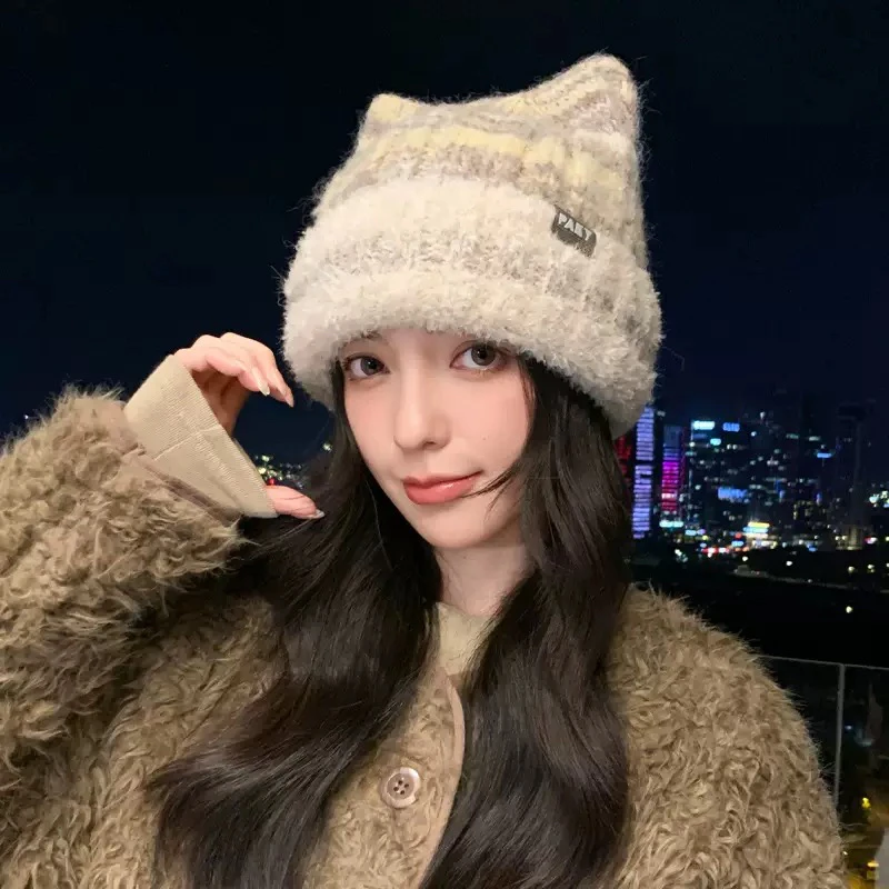日系猫耳朵毛线帽女冬季加绒加厚护耳套头帽百搭显脸小保暖针织帽