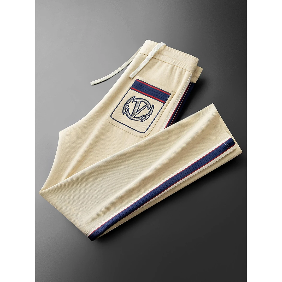 潮牌秋季时尚空气层撞色男士卫裤织带刺绣修身直筒运动休闲裤男款